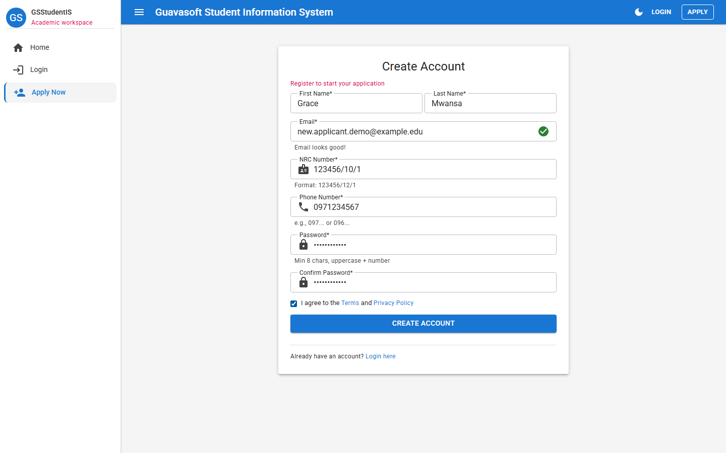 Student portal create account screen