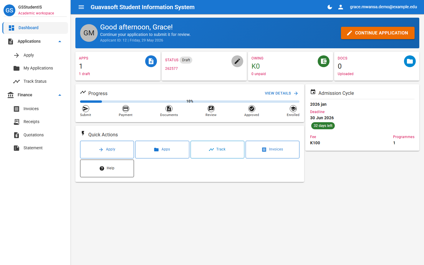 Student applicant dashboard screen