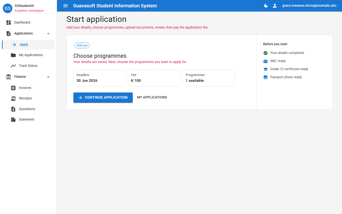 Start application screen showing application cycle and fee
