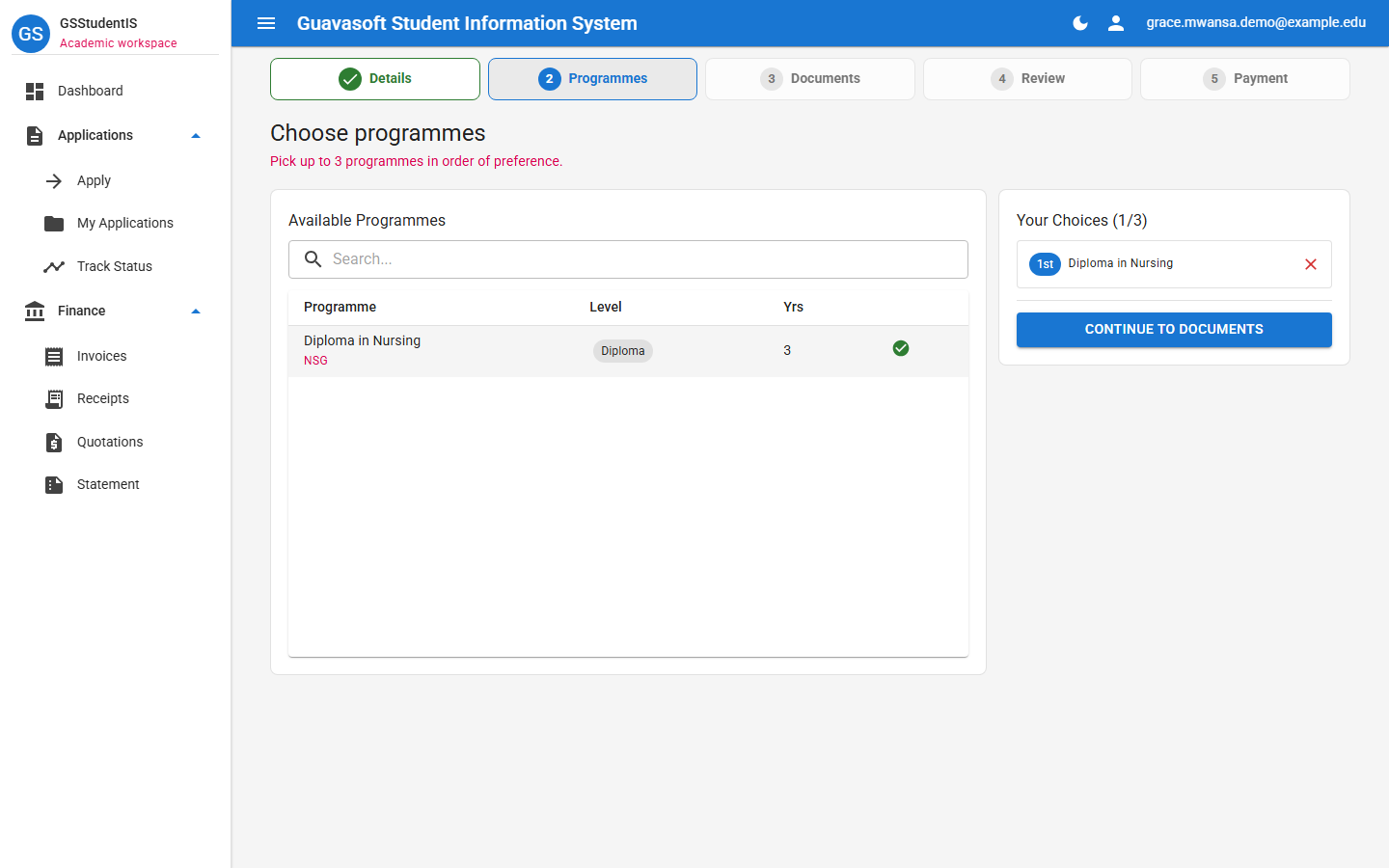 Programme selection screen for Diploma in Nursing