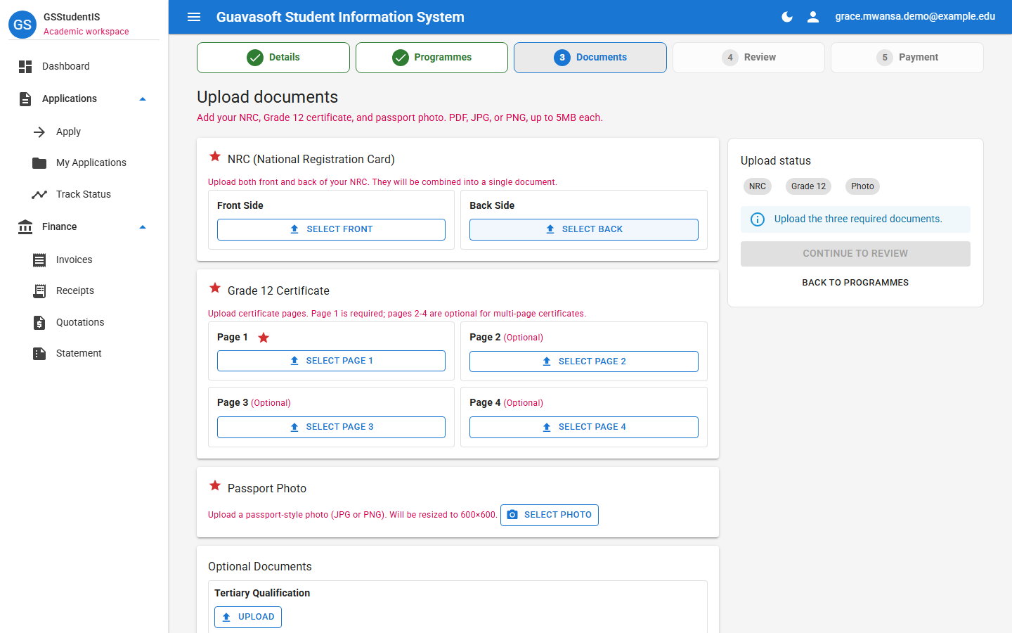 Document upload screen for NRC, Grade 12 certificate, and passport photo