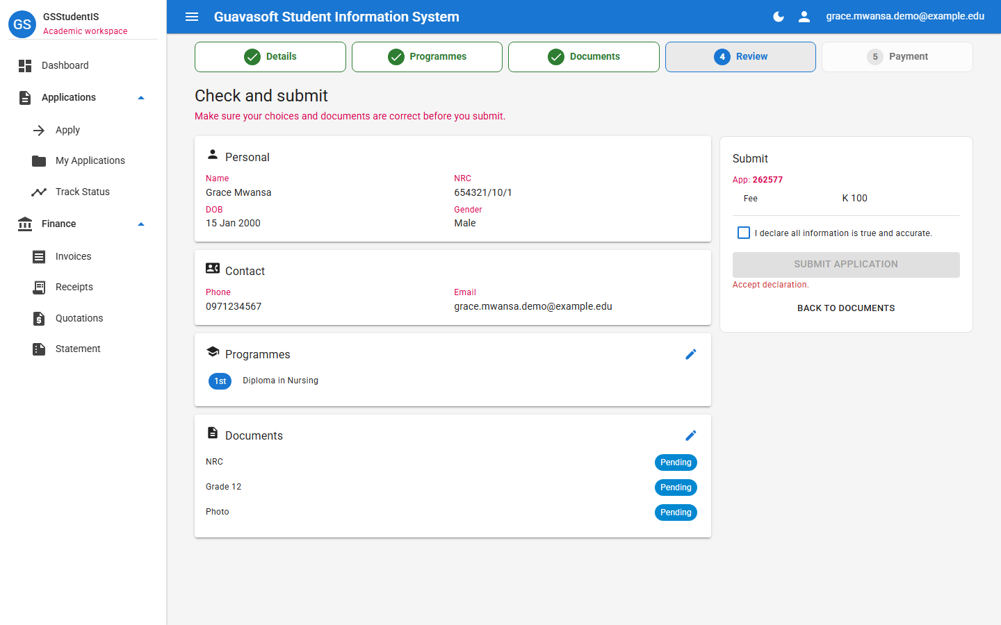 Review and submit application screen