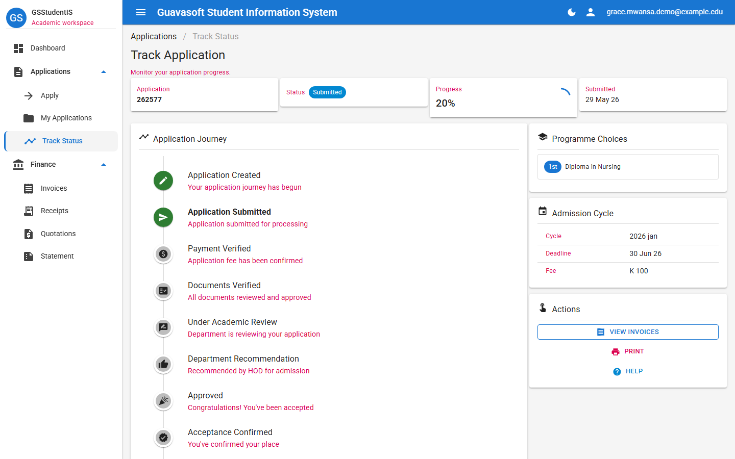 Submitted application tracking screen