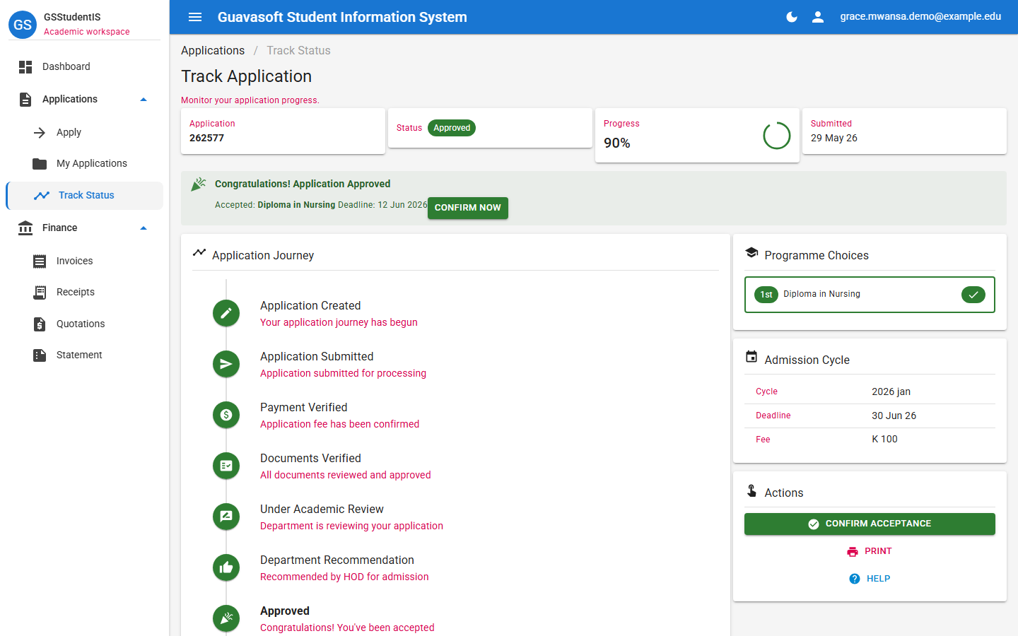 Applicant tracking screen showing approved application status